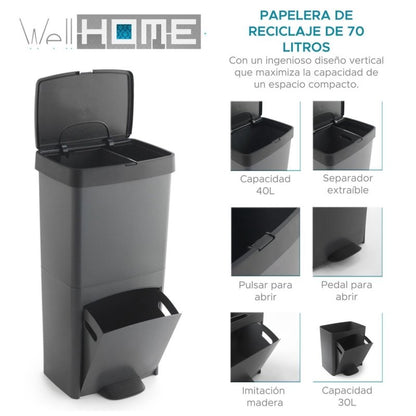 Cubo de Basura Vertical 70L con 2 Compartimentos - Gestión de Residuos Fácil y Compacta - Pequiti