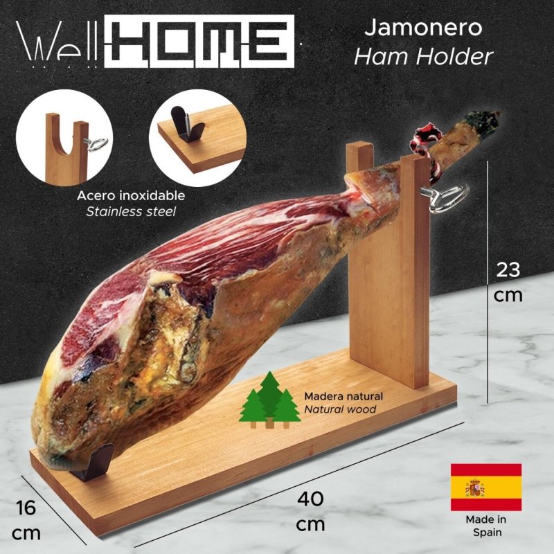 Jamonero Well Home en Madera de Pino 40x16x23 cm con Herraje en V y Fijación Pezuña - Pequiti